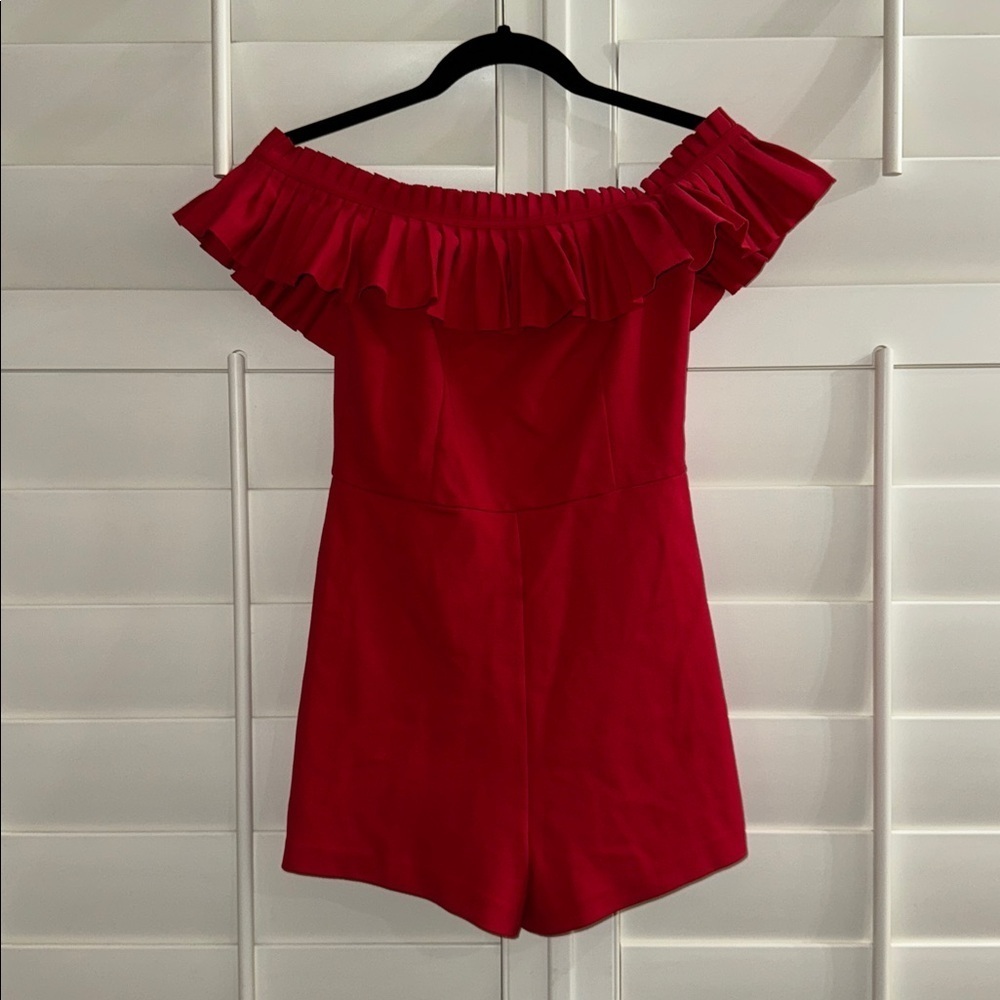 Urban Outfitters Vibrant Red Off-Shoulder Ruffle Romper